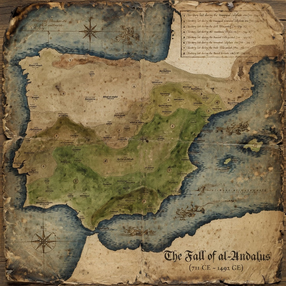 Mapa antiguo de la península ibérica mostrando territorios de al-Andalus (711-1492 CE). Detalles en verde y marrón, con texto decorativo.