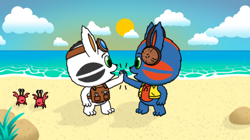 Two Soovins characters smiling and high-fiving on a sunny beach, modeling friendship and teamwork, with crabs and ocean waves in the background.