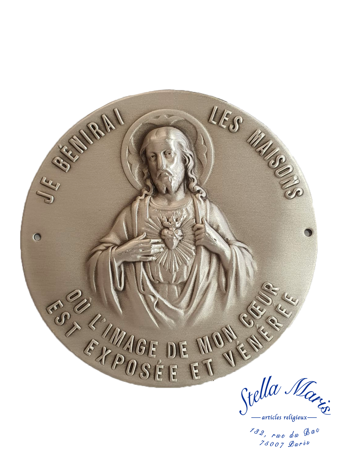 Plaque de porte ronde du Sacré-Cœur de Jésus  argentée