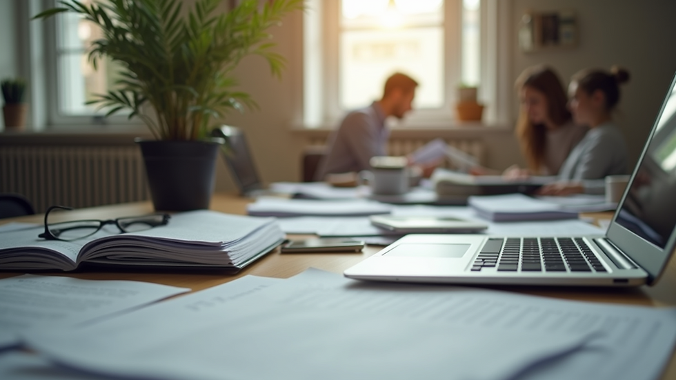 Eye-level view of a cluttered desk with a laptop and papers