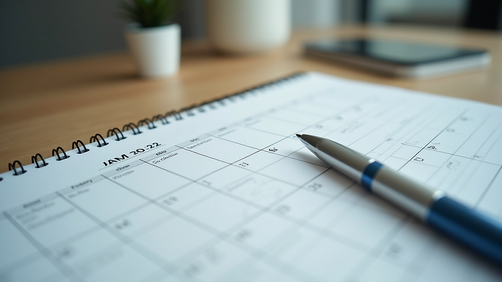 Close-up of a calendar with notes and a pen