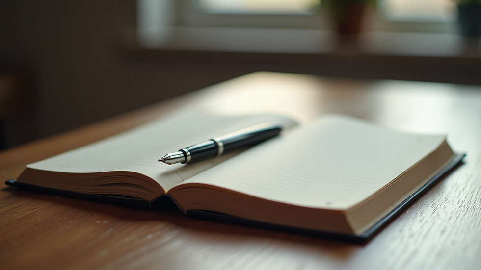 Eye-level view of a journal and pen on a wooden desk