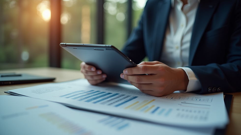 Eye-level view of a lawyer reviewing digital documents on a tablet
