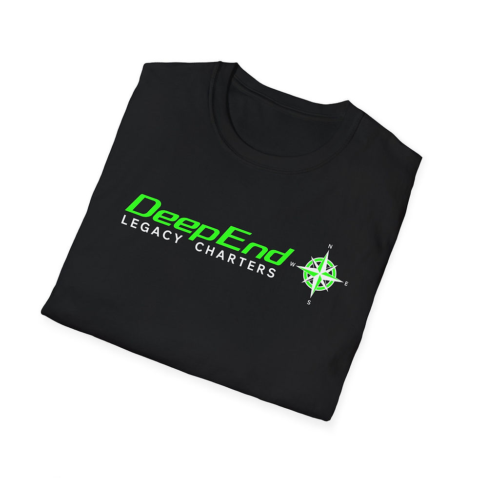 Thumbnail: Black t-shirt with DeepEnd Legacy Charters logo