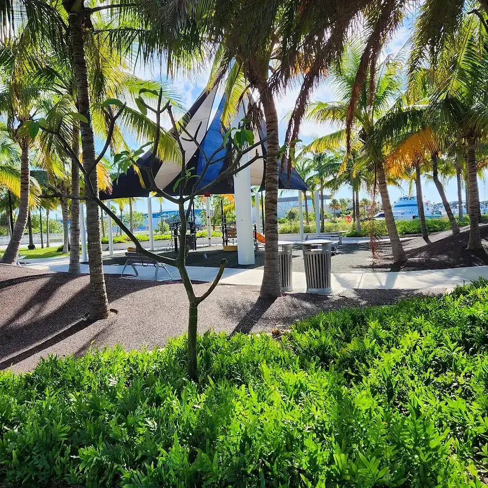 Truman Waterfront park with trees and a shelter, providing shade on a sunny day.