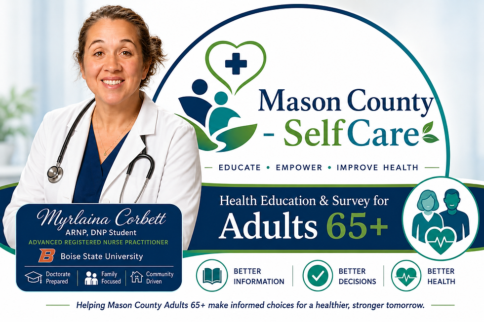 infographic featuring Myrlaina Corbett, a female healthcare provider, Mason County SelfCare branding in blue green and white, patient and provider icon, landscape