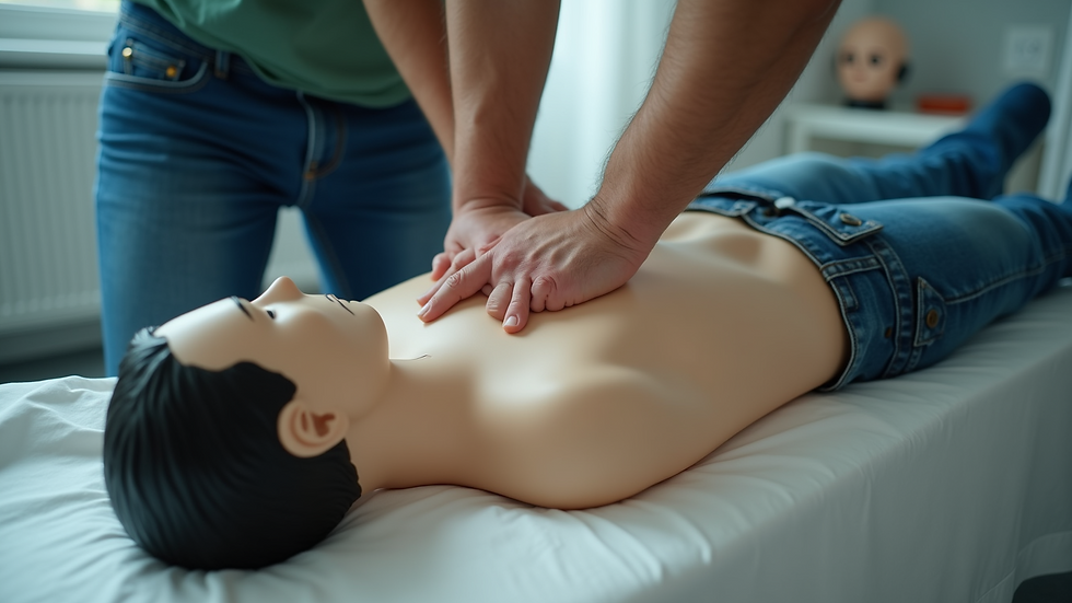 Close-up view of a person practicing CPR on a training mannequin