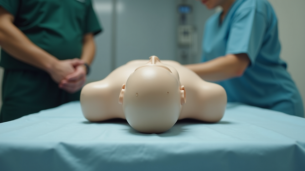 Eye-level view of a CPR training mannequin on a table