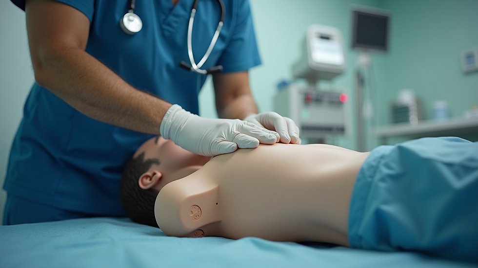 Eye-level view of a healthcare worker practicing chest compressions on a training manikin