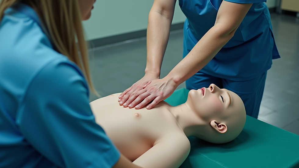 High angle view of a healthcare instructor demonstrating CPR techniques to trainees