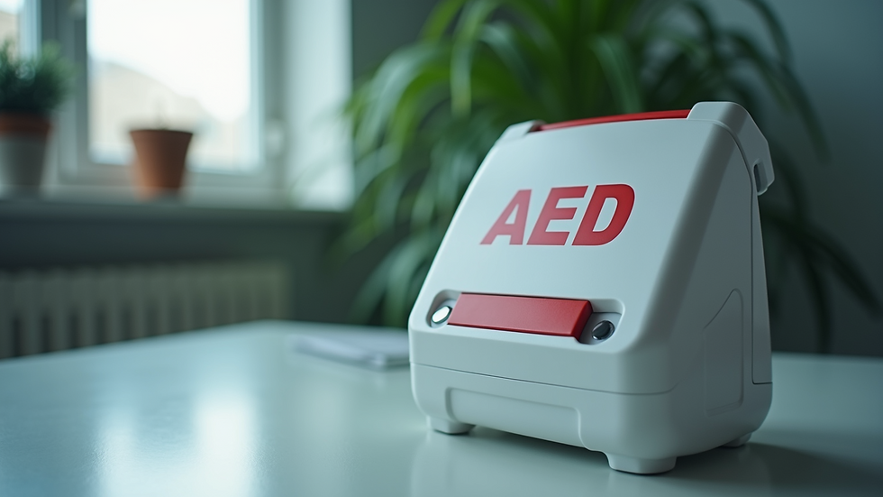 High angle view of an AED device on a table ready for use