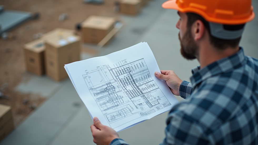 High angle view of a construction manager reviewing blueprints on site