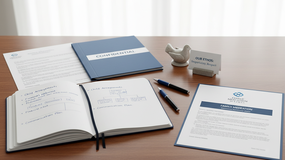 Close-up view of a family mediator’s notes and documents on a table