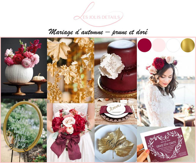Planche d'inspiration : mariage d'automne - prune et doré