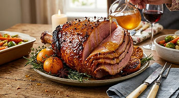 a honey glazed ham, with honey in a glass pitcher being poured onto the ham