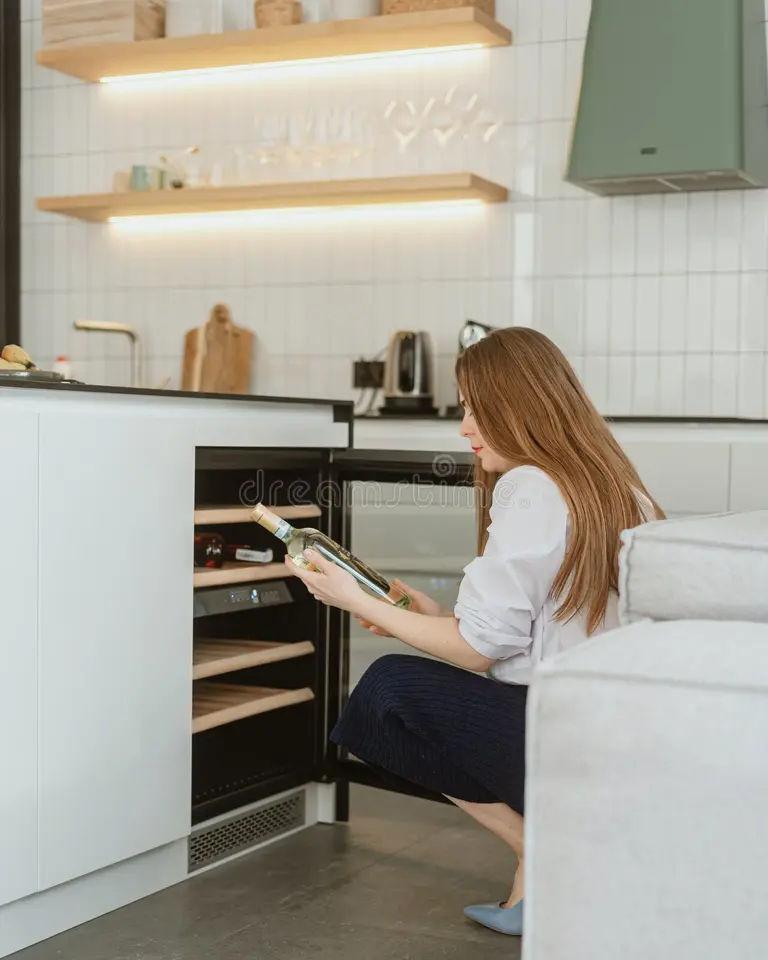 Woman bending down taking a bottle of wine out of her wine fridge cooler