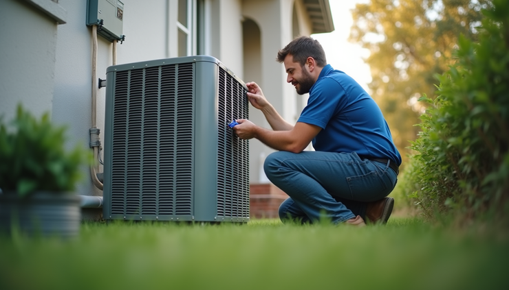 Eye-level view of a technician inspecting an HVAC unit outside a residential home in Hillsborough