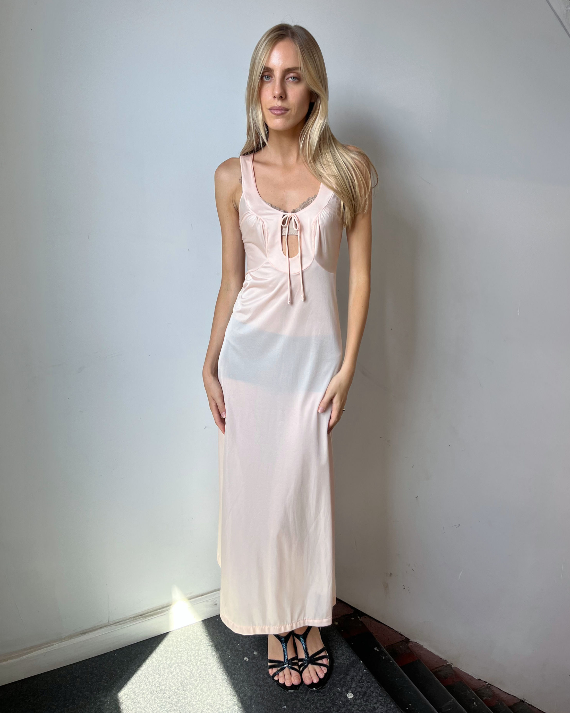 1930s Peach Pink Tie-Front Slip Dress