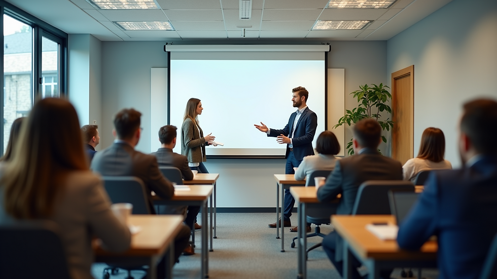 Eye-level view of a classroom setting with students engaged in a real estate class
