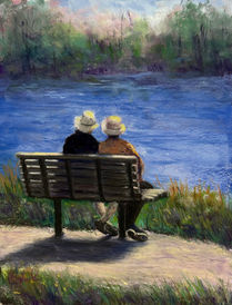 Couple de personnes âgées, assis sur un banc et contemplant le lac. Pastelsec-Jo_Anne Pion