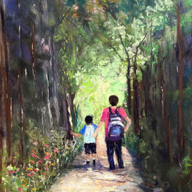 Un adulte et un jeune enfant marchent ensemble sur un chemin forestier enveloppés d'une douce lumière/ peinture figurative par Jo-Anne Pion