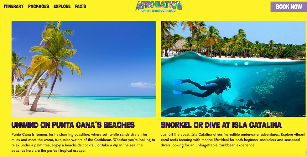 Tropical getaway ad with a beach scene and underwater dive. Text: "Unwind on Punta Cana's Beaches" and "Snorkel or Dive at Isla Catalina."