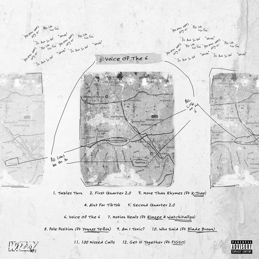 Black-and-white album cover with three taped map panels, handwritten notes, title Voice Of The 6, and parental advisory label.