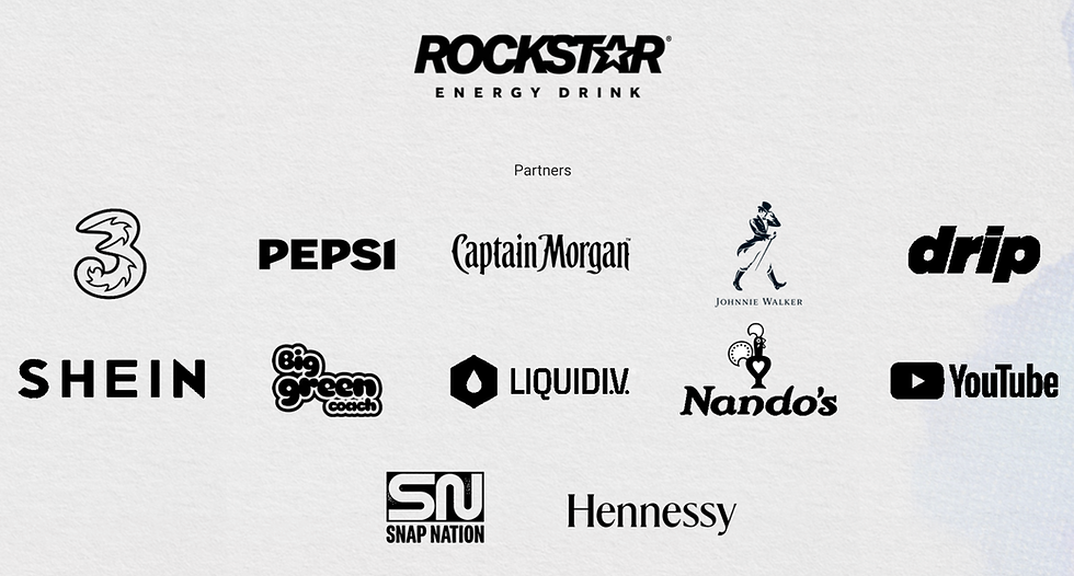 Logos of partners like Rockstar, Pepsi, YouTube, and others on a textured white background. Text: Partners. Clean and organized.