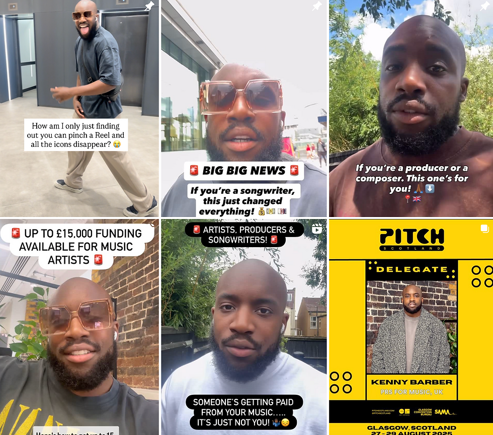 Collage of a man in various settings, smiling, gesturing, with text on music funding and songwriting tips. Bold yellow text in one image.