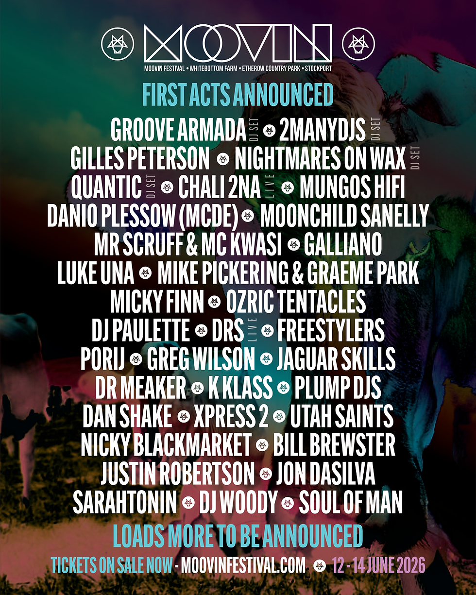 Moovin Festival poster with colorful DJ silhouette and lineup text: First acts announced, tickets on sale now, 12-14 June 2026