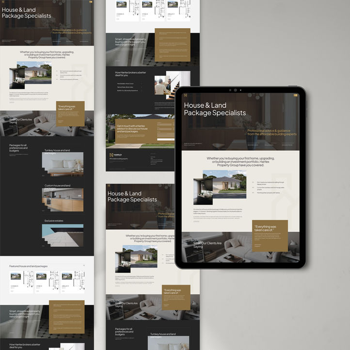 A full website project showcase for Harrlex Property Group displaying multiple website pages, including the homepage, service sections, property listings, testimonial areas, team content for a Wix Studio house and land package website.