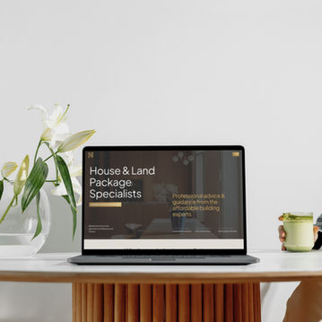 Close-up laptop mockup of the Harrlex Property Group website homepage, featuring the main hero banner, property advisory messaging, house and land package positioning and premium visual styling.