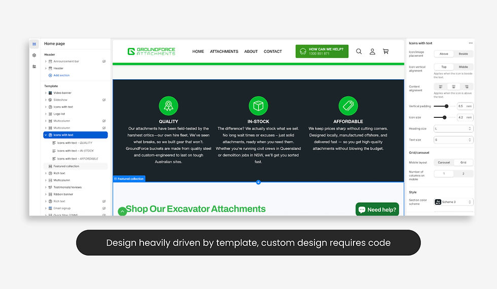 Shopify Website builder editing GroundForce Attachments homepage, with green icon cards Quality, In-Stock, Affordable and a code-required note.