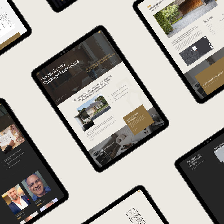 Overhead device mockup graphic showing Harrlex Property Group website screens on tablet including property listing layouts, enquiry forms, package details and house and land website pages.