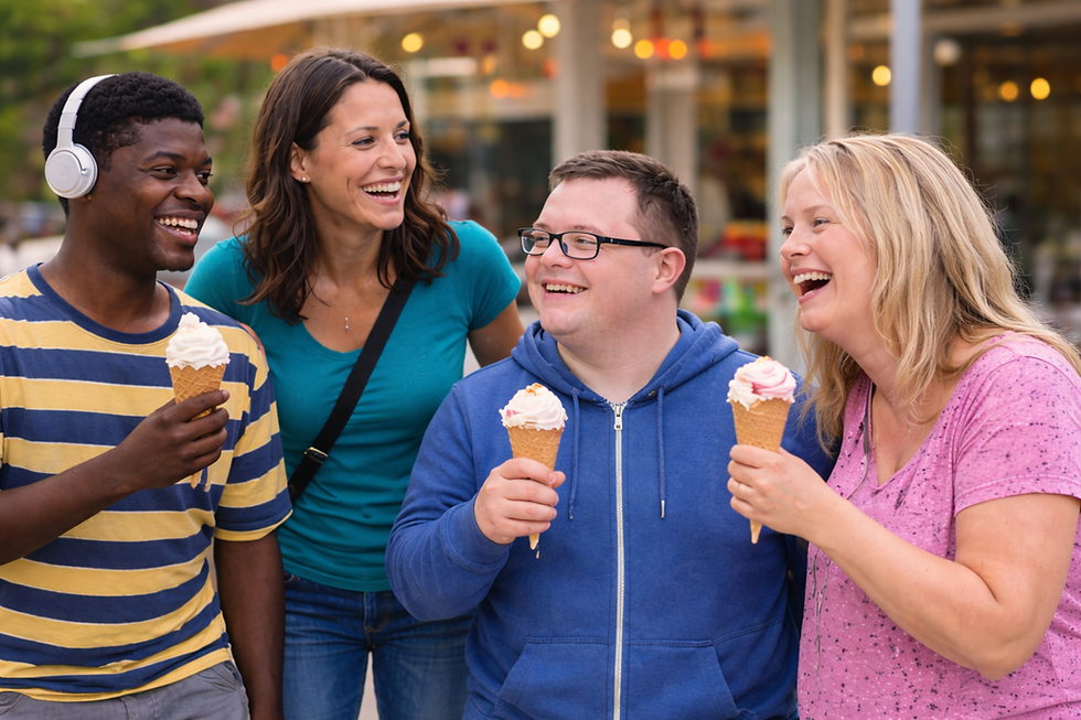 Four happy diverse adults laughing, eating ice cream cones outdoors.