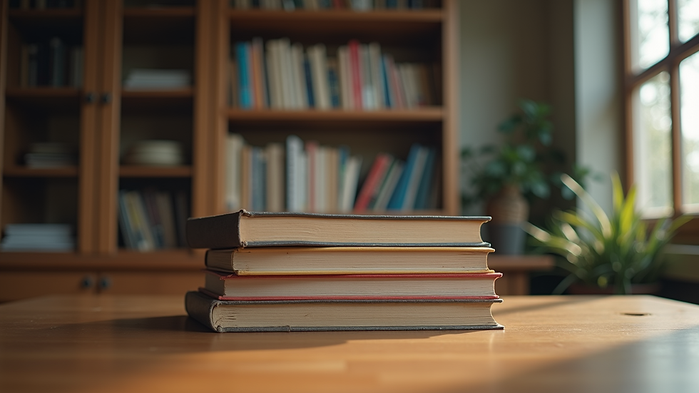 Eye-level view of a stack of books on a wooden table