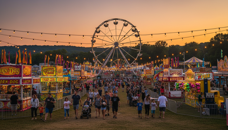 Wide-angle view of a county fair midway at sunset.