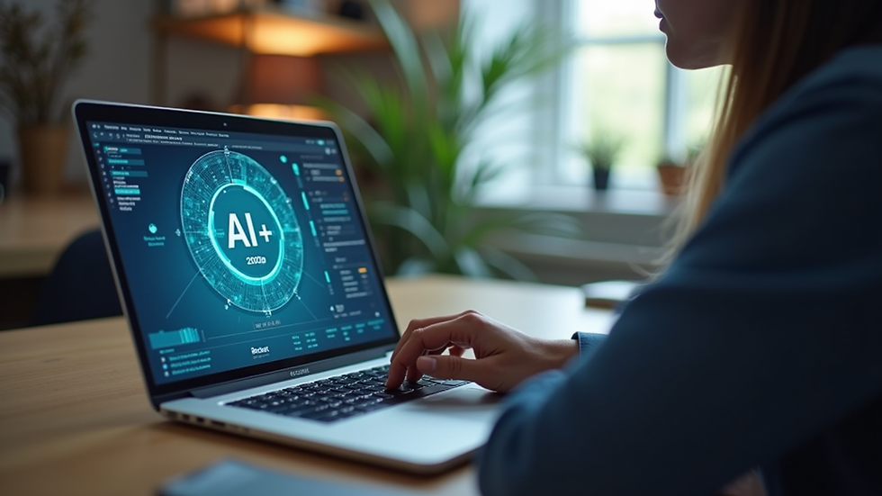 Eye-level view of a small business owner using a laptop with AI software on screen