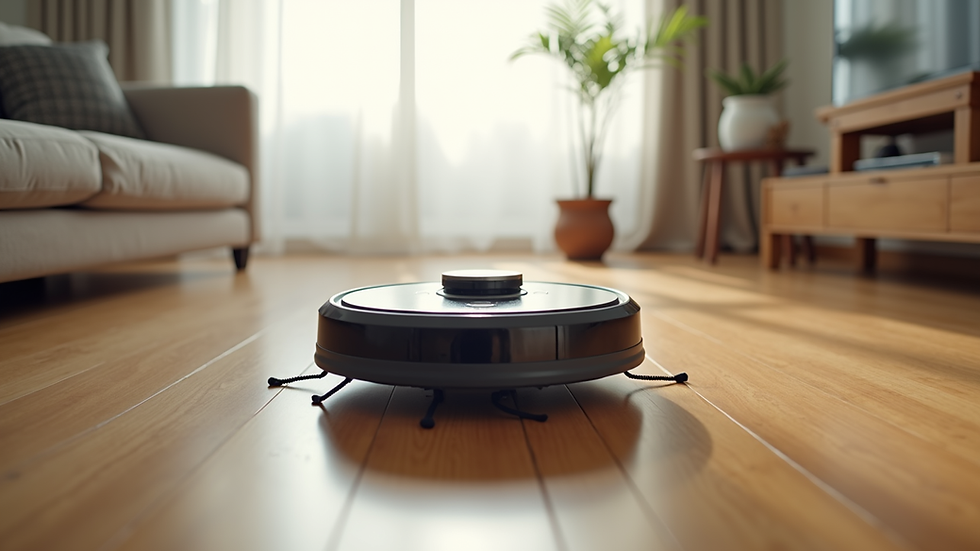 Eye-level view of a robot vacuum cleaning a hardwood floor in a bright living room