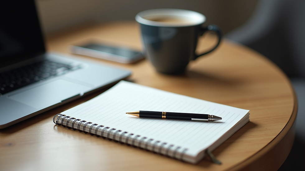 High angle view of a desk with a notebook, coffee cup, and laptop showing AI writing tools