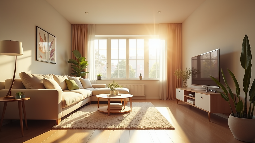 Eye-level view of a freshly cleaned living room with sunlight streaming through windows