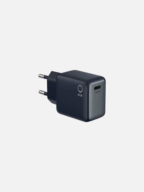 Black 25W USB-C power adapter with European plug