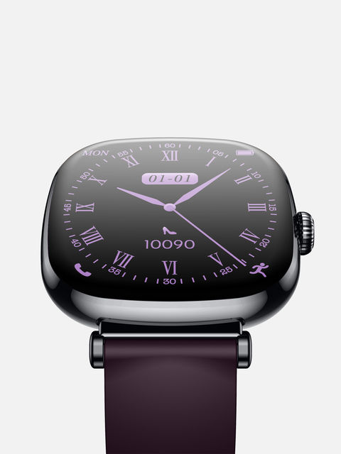 Ben Sweet Cube crimson black smart wearable with square display, purple watch face, and slim strap.