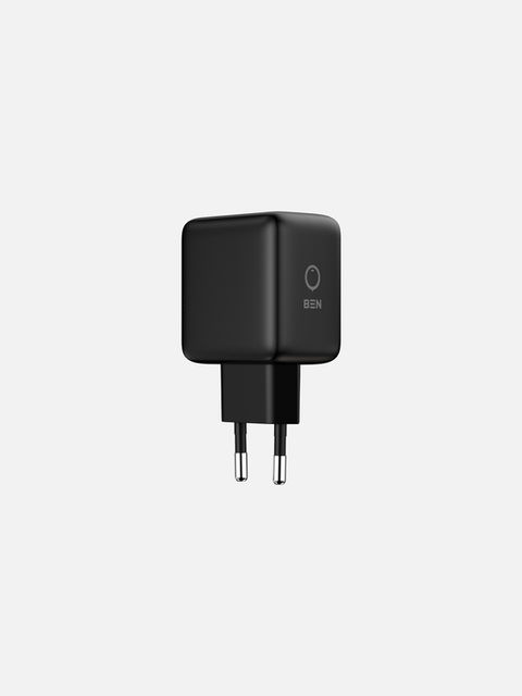 Ben black dual-port wall charger with EU plug, USB-C port, and USB-A port for fast device charging.