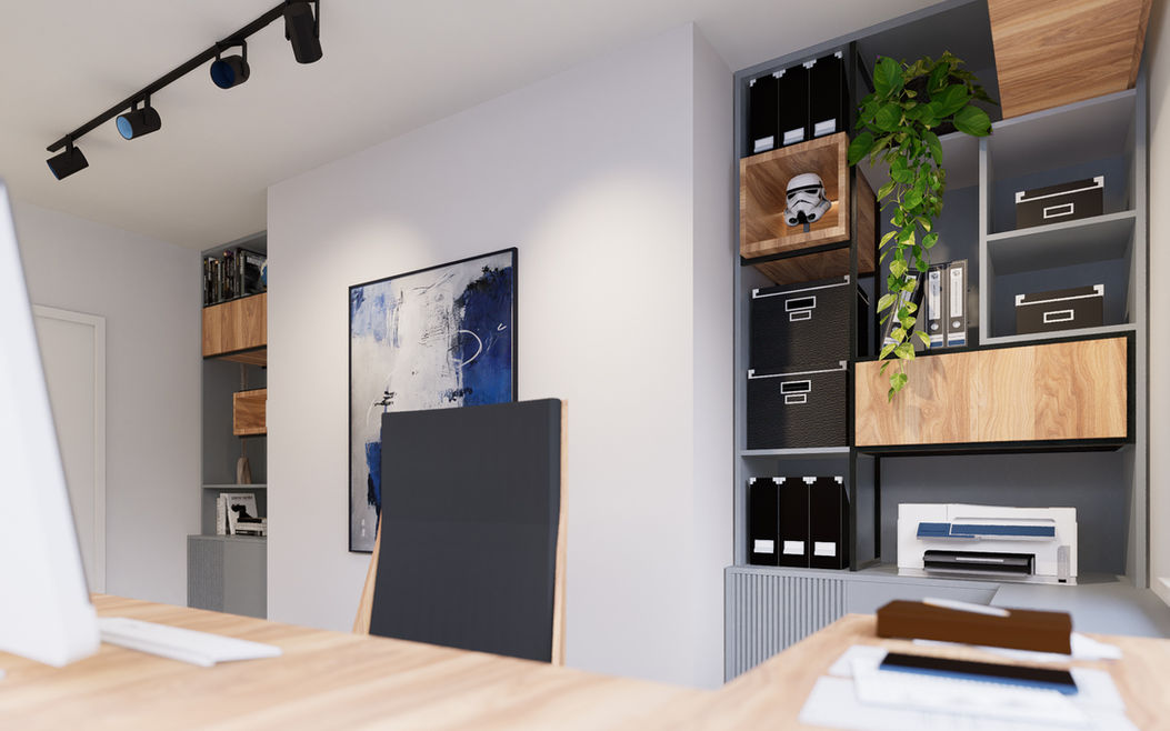 Birou modern și funcțional, cu mobilier minimalist și accente de culoare, oferind un mediu inspirațional și productiv pentru lucrul de zi cu zi.