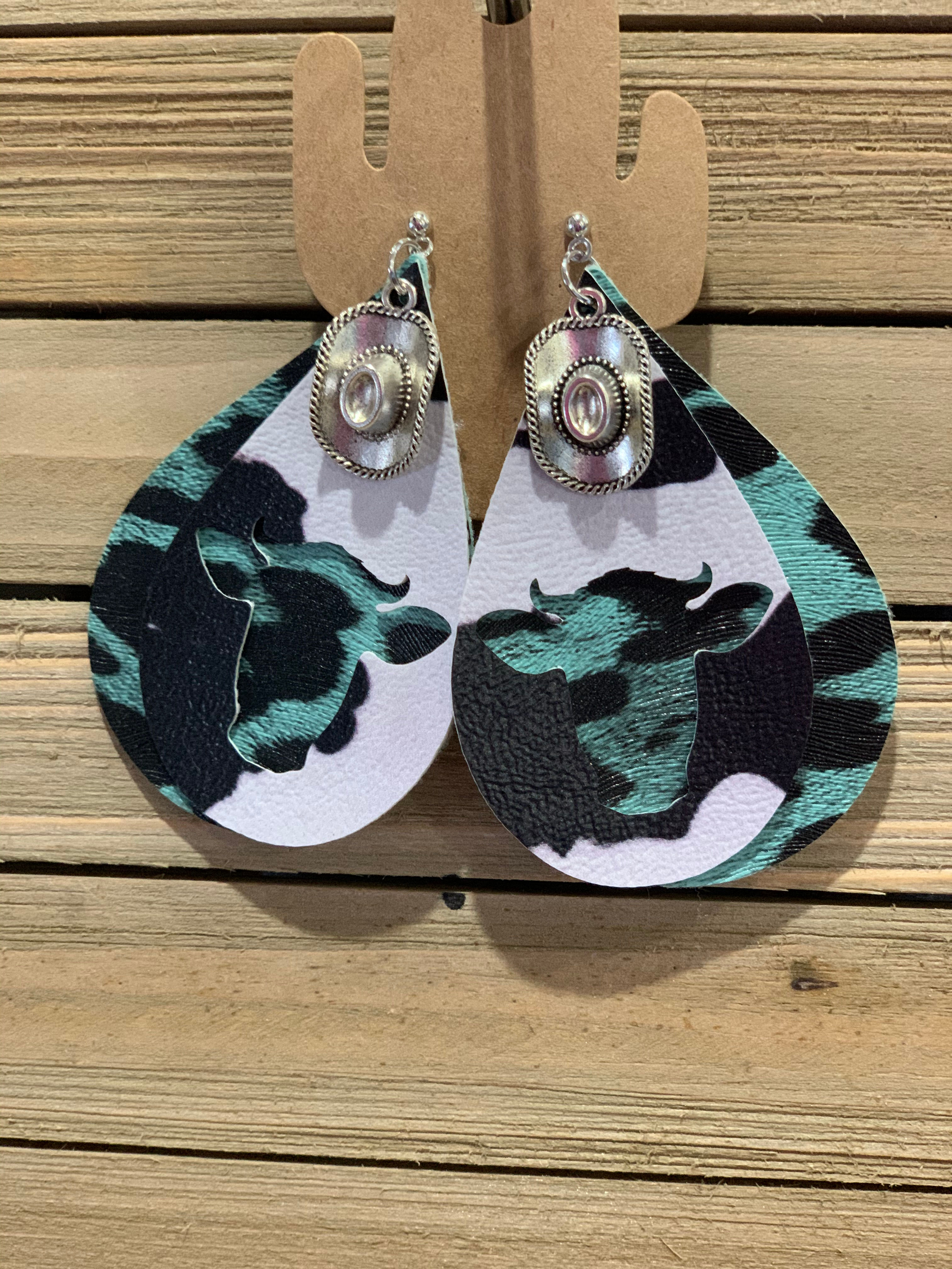 cute teal cow earrings