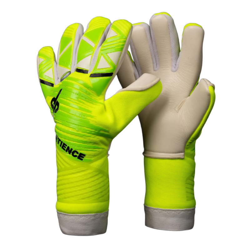 DP Patience - електриково зелени вратарски ръкавици на бял фон - две страни