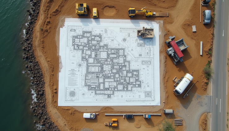 Vista aérea de canteiro de obras com planejamento detalhado