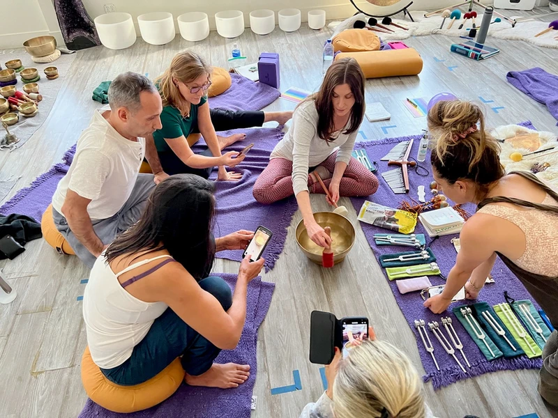 Sonic Being Sound Healing Training Certification, Teacher, Michelle Berc guides students in the in-person training weekend immersion. The science of sound, see the vibrations move through water. Himalayan Bowl. 