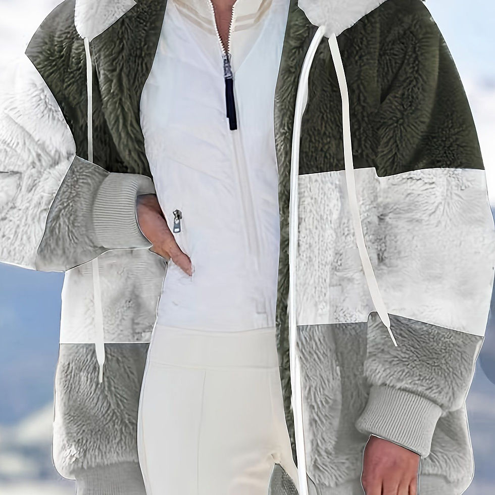 Thumbnail: Color Block Hooded Teddy Coat, Casual Zip Up Long Sleeve Winter Warm Outerwear, 